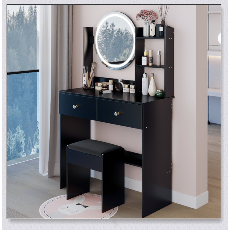 Ensemble de coiffeuse à miroir rond 17 pouces à DEL avec tabouret à coussin souple, luminosité réglable et rangement multicouche pour les petits espaces