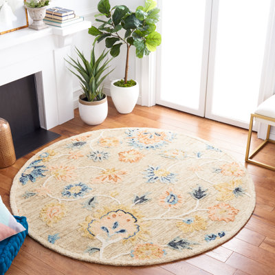 Camron Floral Handmade Tufted Wool Beige/Blue Area Rug
