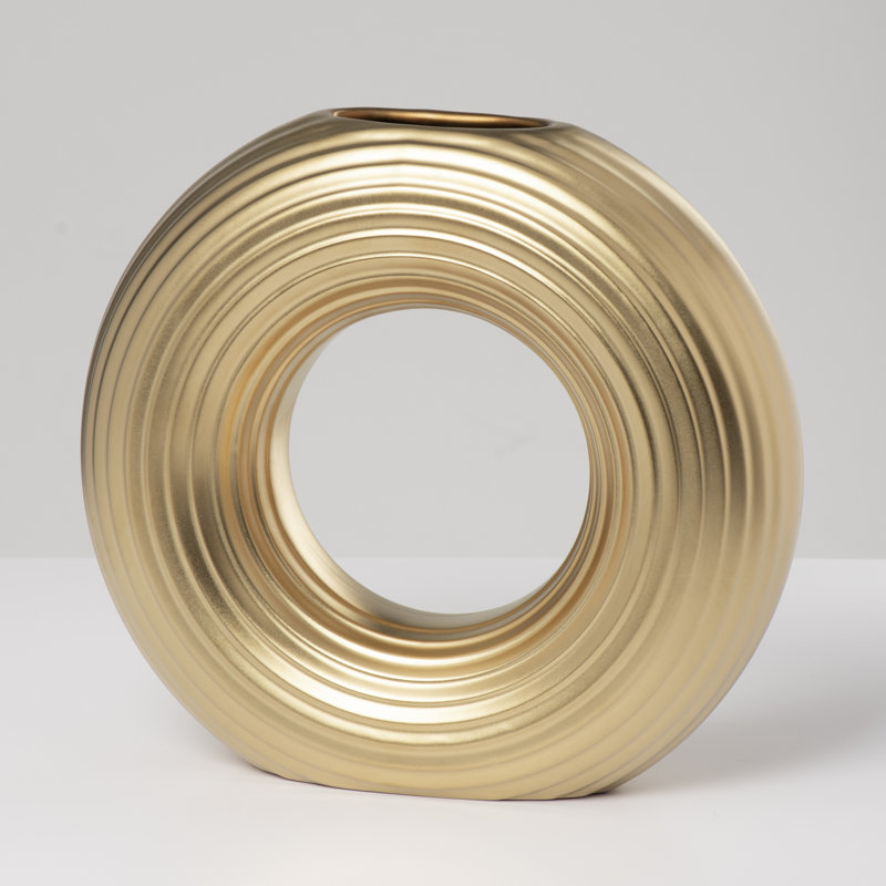 Halo 9" Ribbed Donut Ceramic Gold Vase, Gold
