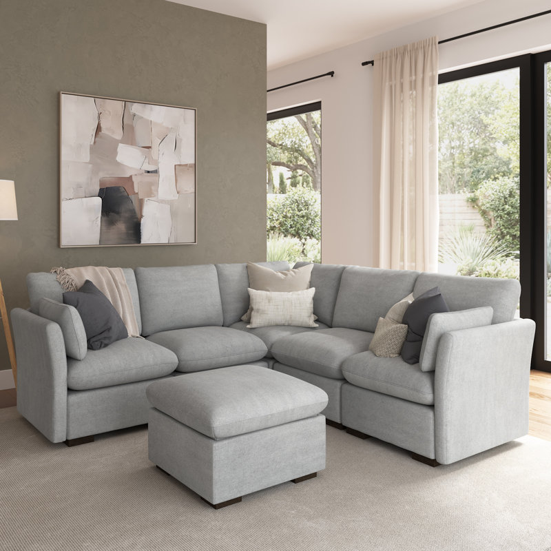 Modular 4-Seater Sectional With Storage Ottoman, Living Room Furniture, 36.6" H x 99.4" W x 99" D, Dove Gray Polyester