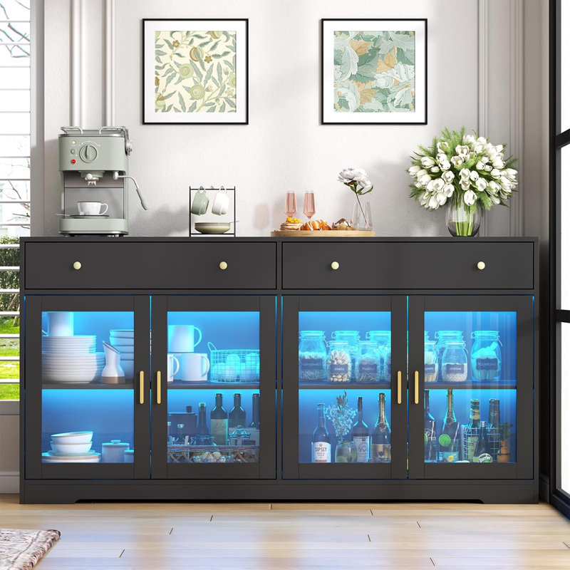 Wine Bar Cabinet With LED Light And Glass Door Coffee Bar Sideboard Buffet Cabinet