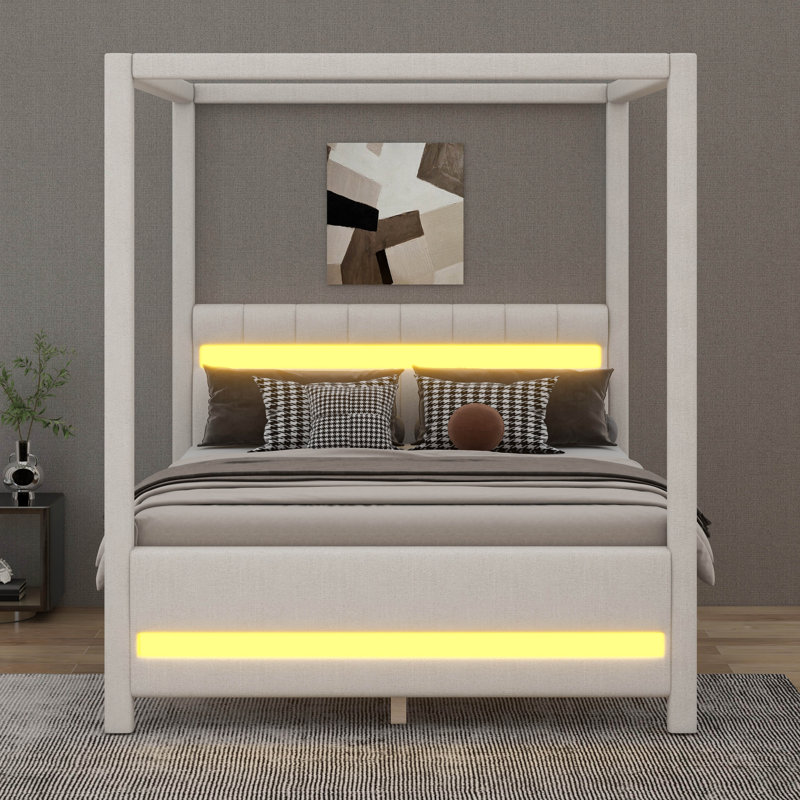 Grand lit plateforme à baldaquin tapissier avec lumières DEL et tête de lit