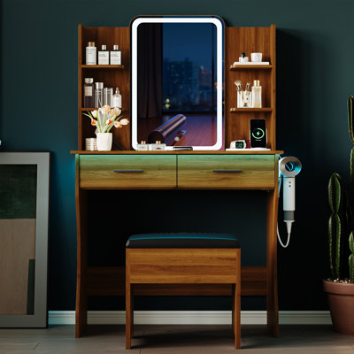 Ensemble de coiffeuse avec miroir à DEL Lacorsha, tabouret de bureau avec prise de courant, 2 tiroirs, 6 tablettes avec éclairage lumineux, 1 support pour sèche-cheveux