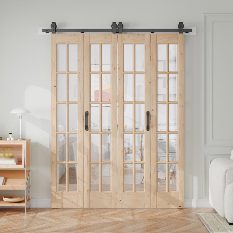 Porte pliante en verre et bois massif avec quincaillerie d'installation, 4, 64" x 84"