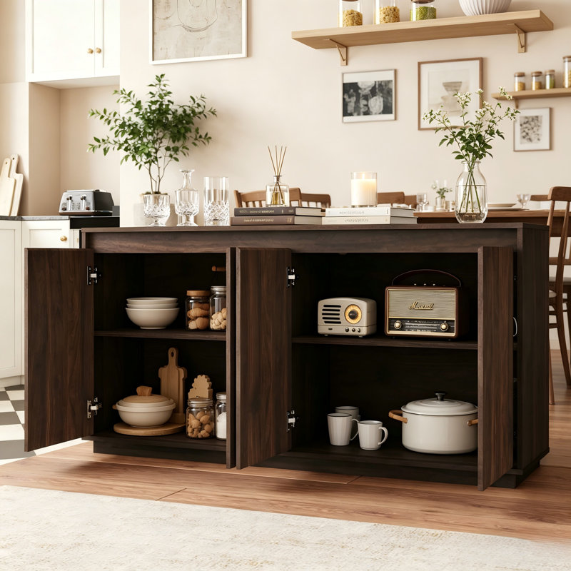 Walnut Wood Four-Door Sideboard With Handle-Less Wavy Texture, Dining Room Storage Cabinet With Power Outlet.