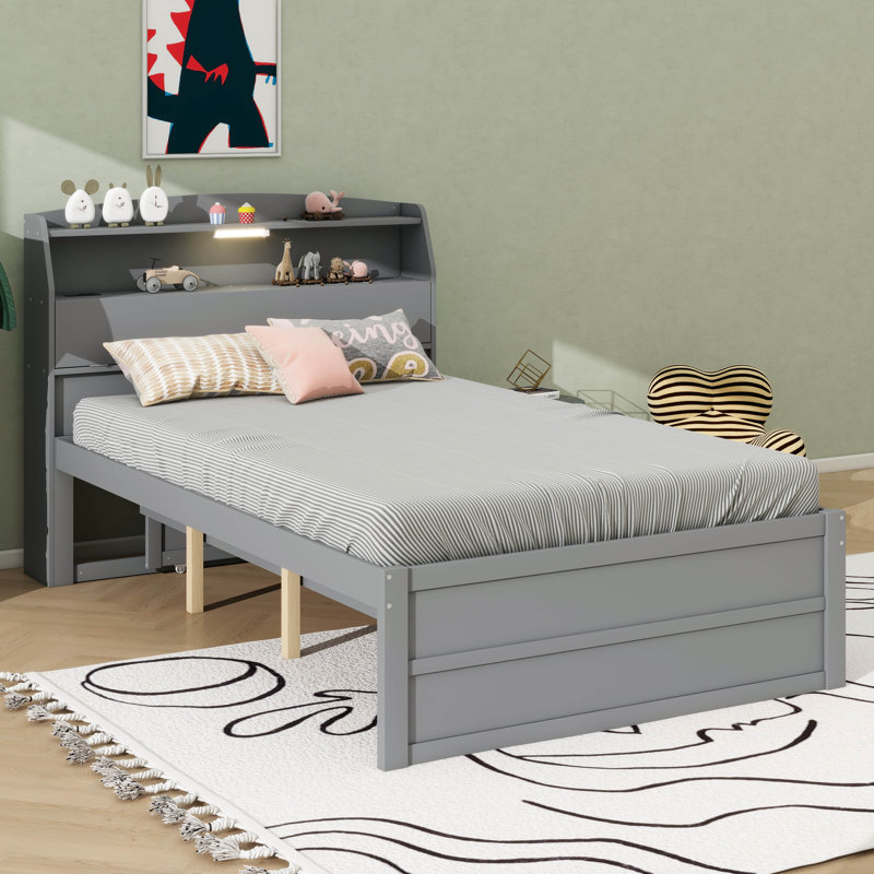 Lit plateforme en bois à DEL avec tête de lit gigogne et tiroirs, Lit double, Gris