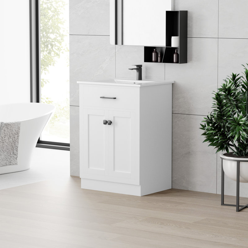 Burdon 24 In. Bathroom Vanity With Ceramic Sink Top, White, White