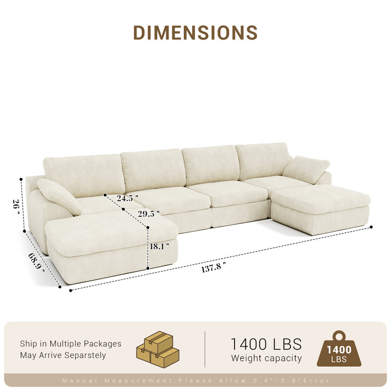 Canapé modulaire en forme de L avec siège repose-pieds et canapé profond modulaire en tissu Sherpa, Fausse fourrure blanche