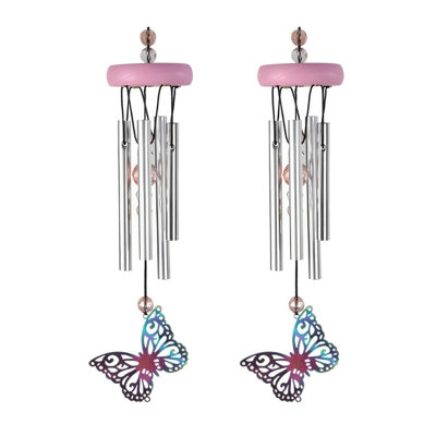 2-PC Gift Set ICE ARMOR 11" Long Pink Butterfly Wind Chime Figurine Statue Sculpture Ornament Decoration Home/Room/Garden Decor for Housewarming, Holi