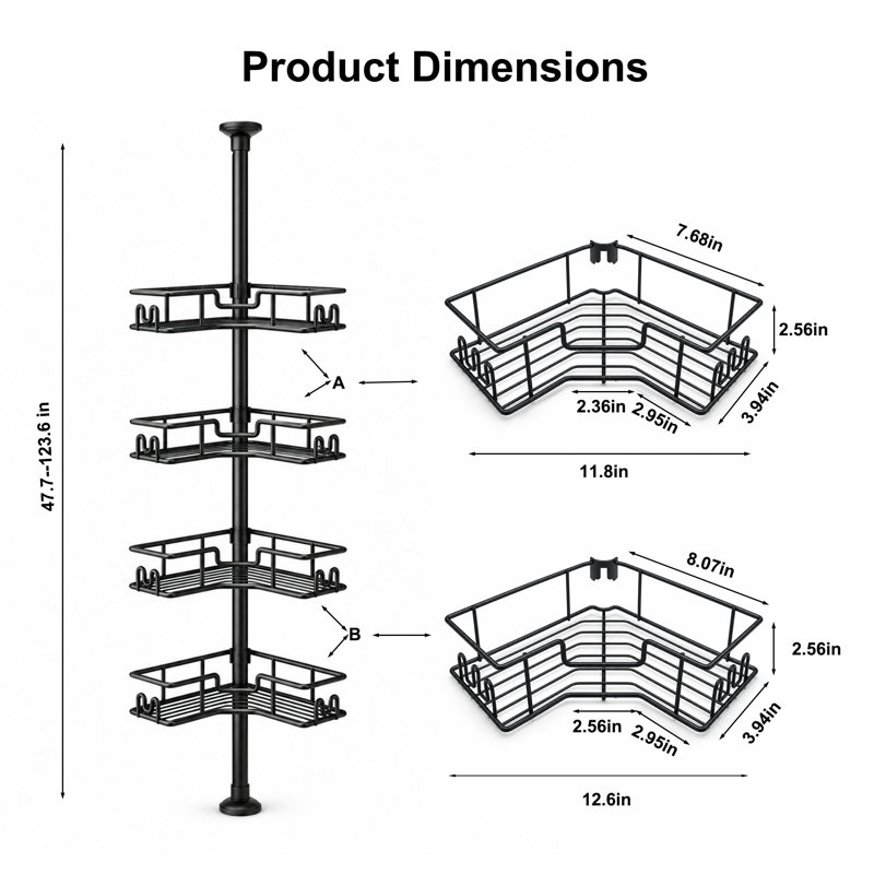 Étagère de douche d'angle à 4 niveaux en métal antirouille, avec barre de tension, hauteur réglable de 121,1 cm à 313,8 cm, noire