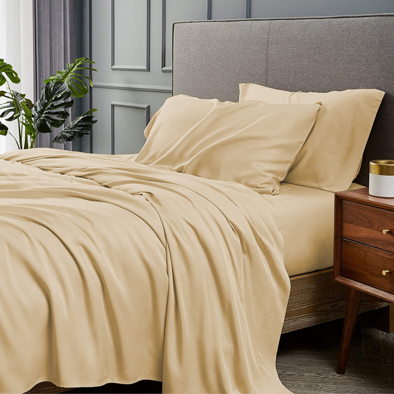 Ensemble de draps 4 pièces en rayonne de bambou, Ensemble de draps pour très grand lit avec 2 taie, Beurre