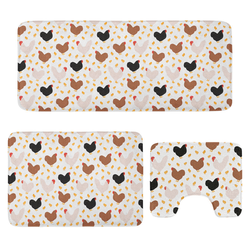  Hen and Chicks Bathroom Rug Set 3 Pieces U-Shape & Rectangle Mats Multicolor