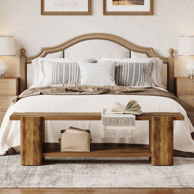 Upholstered Bench with Shelves