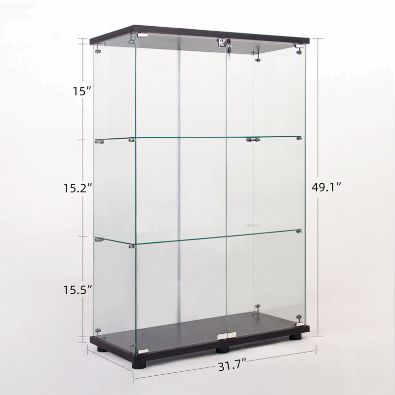 Two Door Glass Cabinet Glass Display Cabinet With 3 Shelves, Black