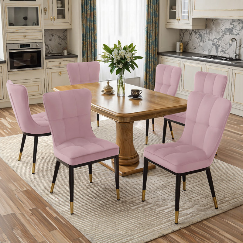 50cm H Tufted Velvet Upholstered Metal Upholstered Back Side Chair, Pink, 6