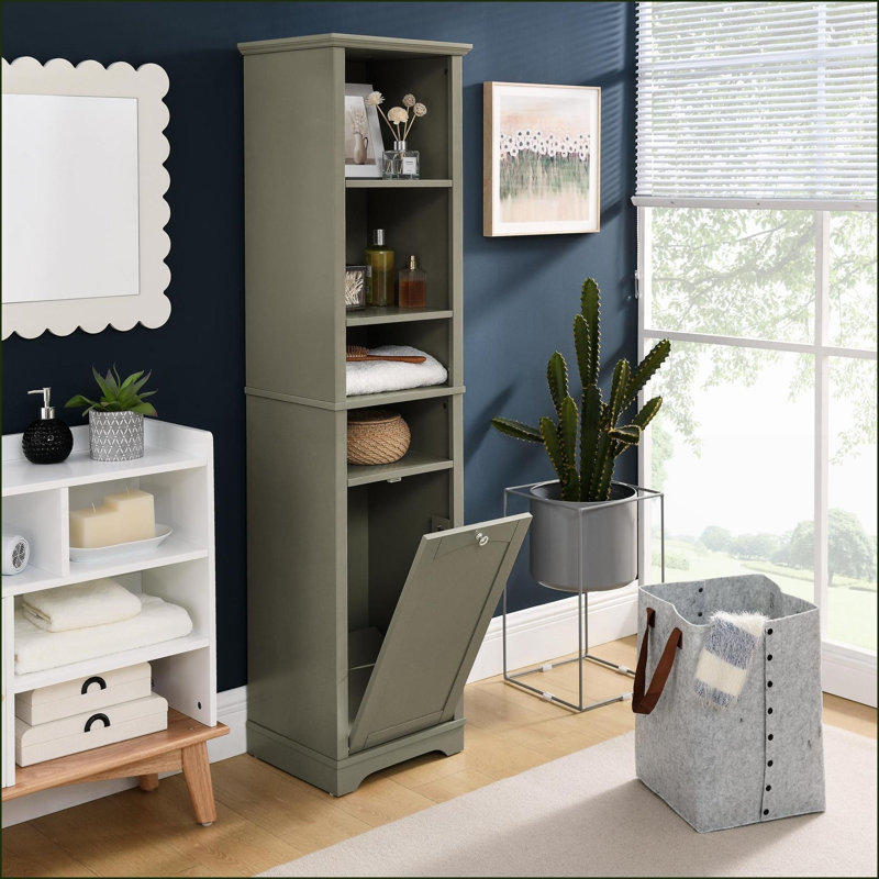 Cabinets with 4 Adjustable Shelves &amp; Laundry Hamper, 15.8"D x 13.8"W x 63.8"H Slate Gray Small Space Storage | Minimalist | MDF