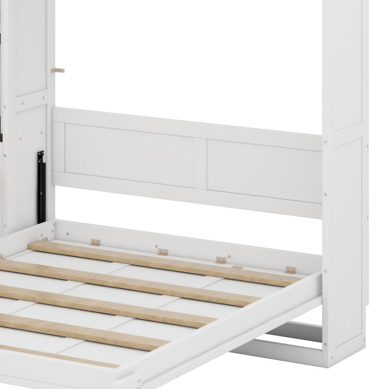 Grand lit escamotable avec armoire de rangement, support à vin, porte-verre, tiroirs et bande DEL multicolore, Blanc