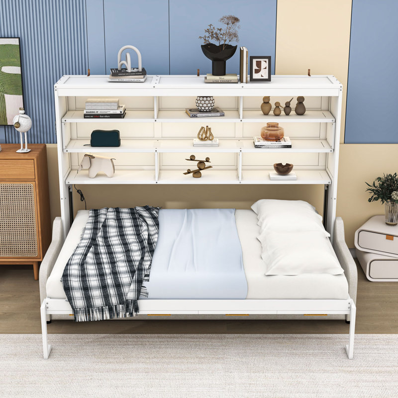 Lit escamotable avec canapé confortable intégré, éclairage DEL et tablettes Murphy, Grand lit
