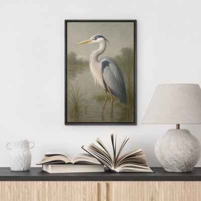 Héron gris debout dans une scène humide, reproduction d'art sur toile encadrée dans la chambre principale