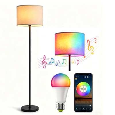 Lampe sur pied droite de 159 cm avec abat-jour cylindrique en lin, ampoule intelligente RGB CCT Bluetooth incluse, contrôle par application et synchronisation musicale. Parfait pour le salon, la chambre ou la salle de jeux.