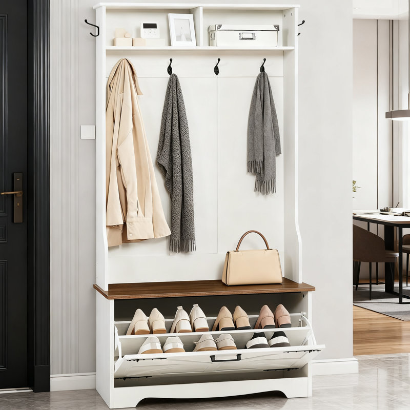 Arbre d'entrée avec banc, organisateur de rangement de vestibule avec porte-manteau, armoire à chaussures et tiroirs rabattables pour le décor de vestibule et de maison de campagne