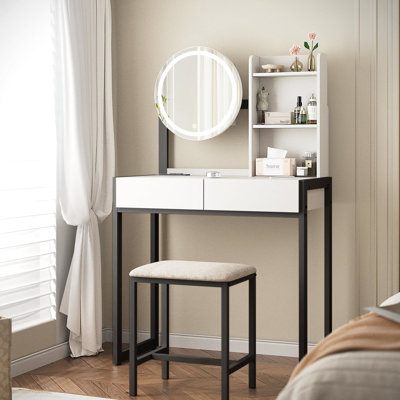 Bedroom Vanity Desk, Smart 3 - Lighting Led Mirror, Power Outlet With , Drawer, Open Shelf, Comfortable Seat Vanity, Outlet,