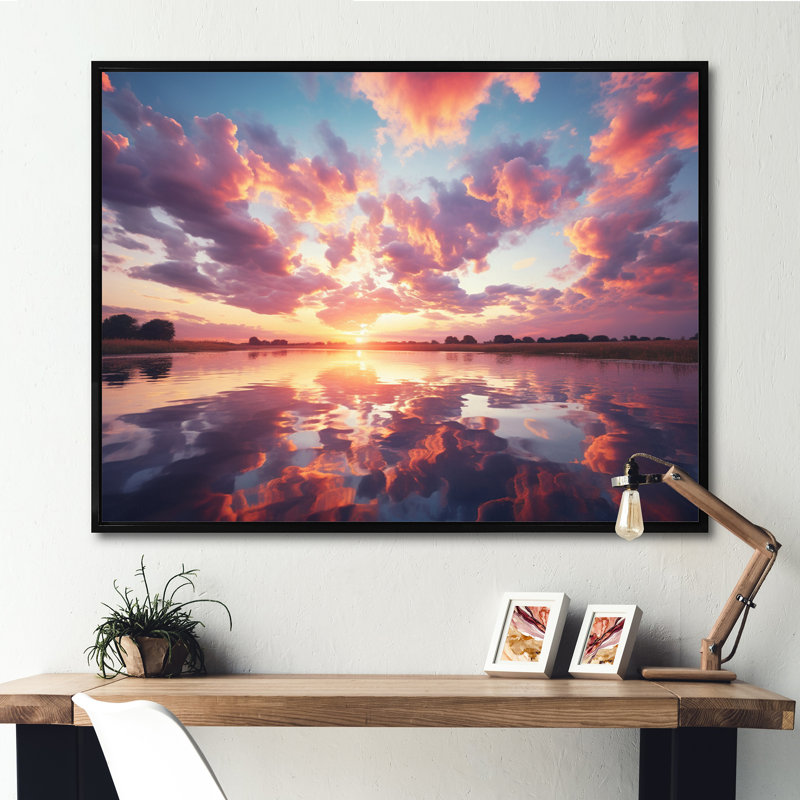 Coucher de soleil, barbe à papa - impression, H 30 po x l 40 po x P 1,5 po, Cadre flottant noir