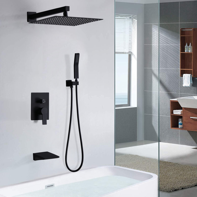 12" Shower System With Waterfall Tub Spout And Handheld Shower Head, Matte Black