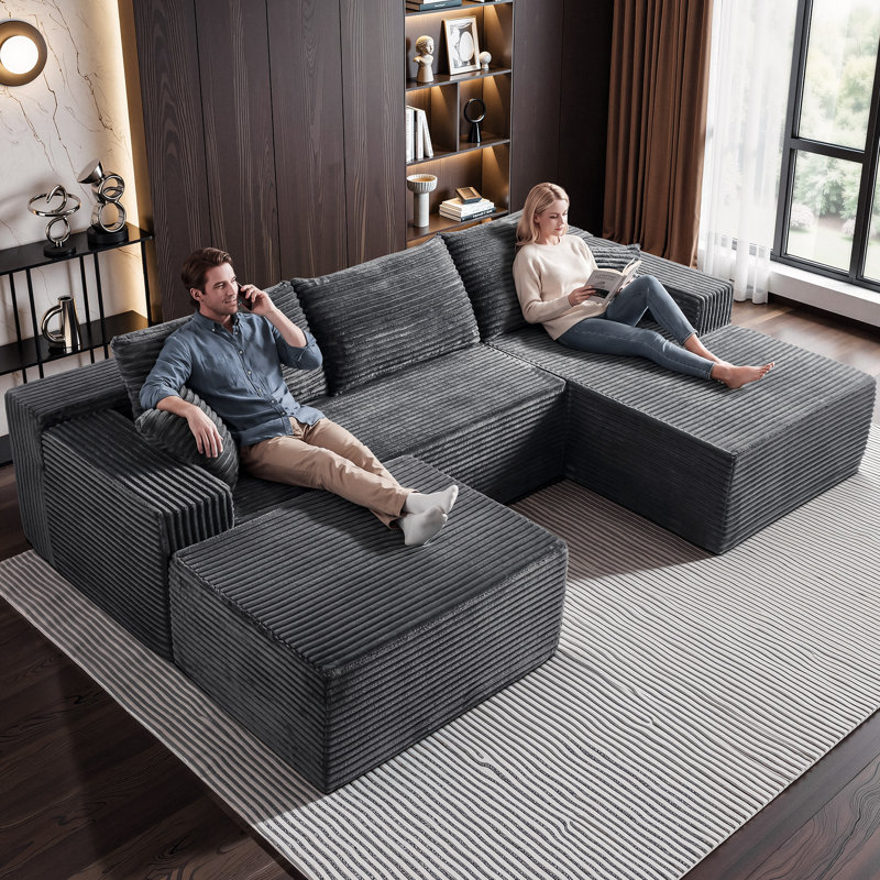 Canapé modulaire en forme de U 108 po avec méridienne grise en velours côtelé et méridienne faisant face à gauche, Gris