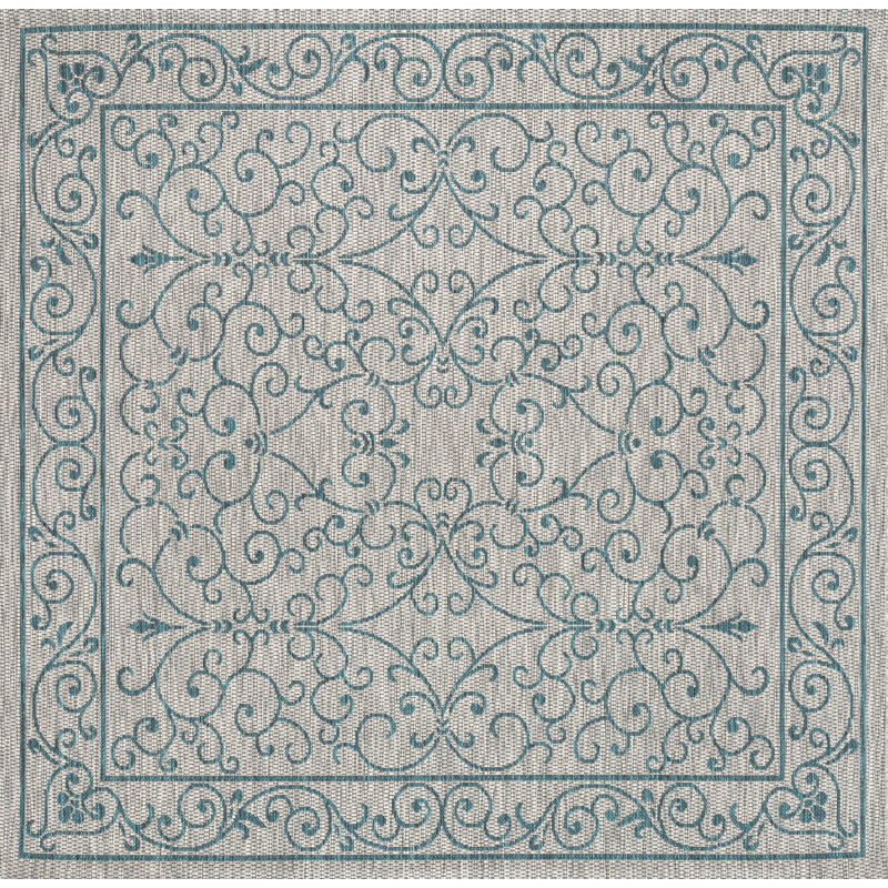 Hagerman Vintage Filigree Textured Weave Gray/Teal Indoor/Outdoor Rug, Square 7'9"