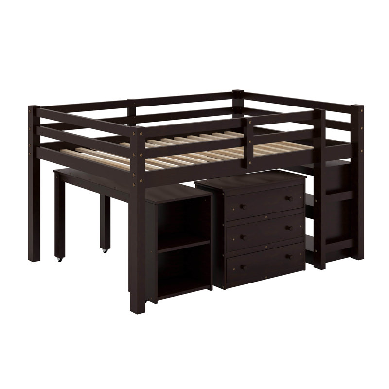 Lit mezzanine double avec armoire, tablettes et bureau