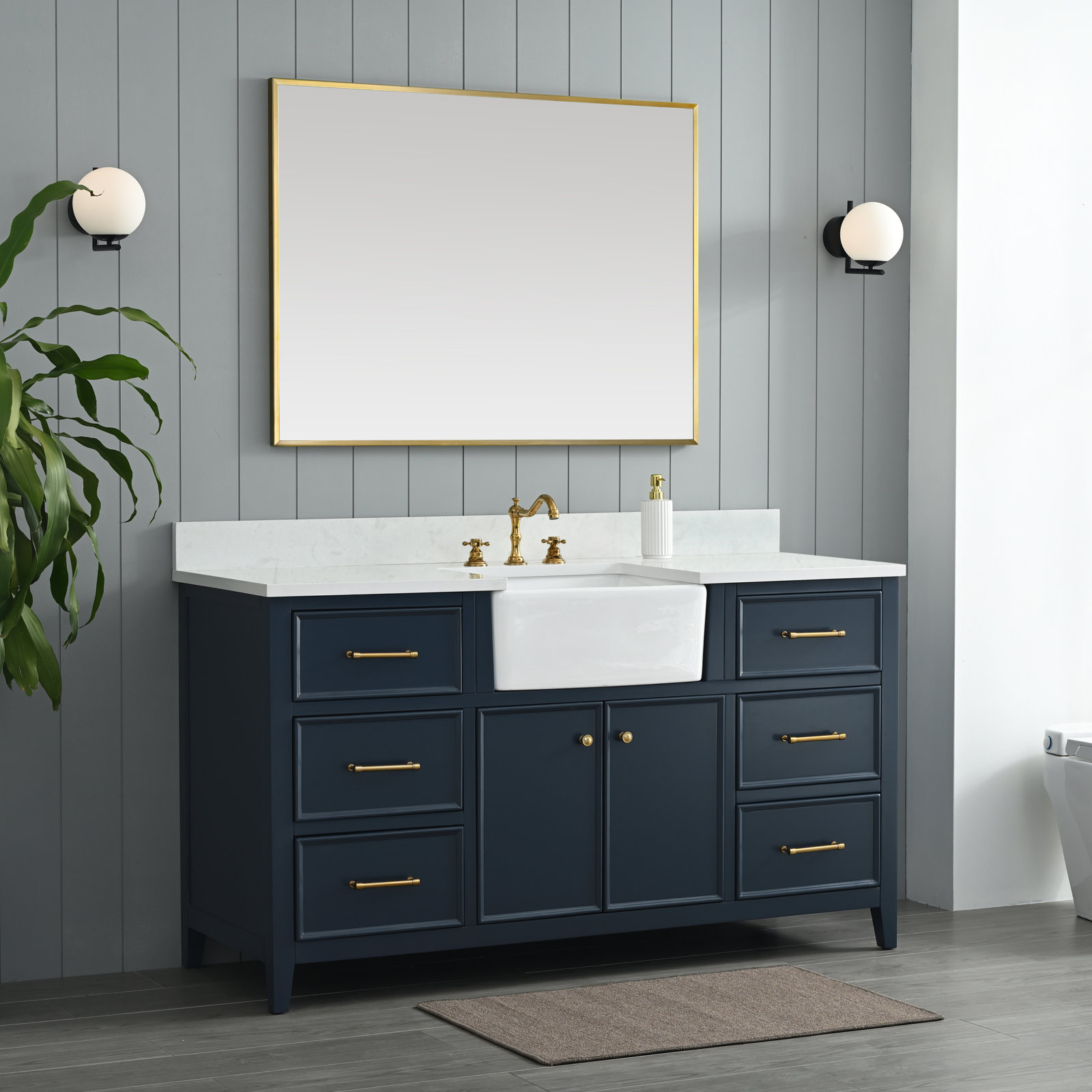 Aisa 60" Pine Single Bathroom Vanity, Indigo Blue/Brushed Gold