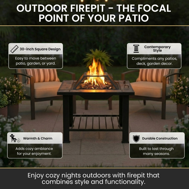Izquierdo Fire Pit - 30-Inch Outdoor Firepit Table with Screen, Cover, and Poker - Outdoor Fire Pits for Backyard, Deck, Patio, or Porch by Pure Garden