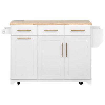 Îlot de cuisine 59,3 po avec rangement 2 armoires coulissantes et rallonge en bois d'hévéa, îlot de cuisine roulant avec rangement pour poubelle, prise de courant, support à épices et à serviettes