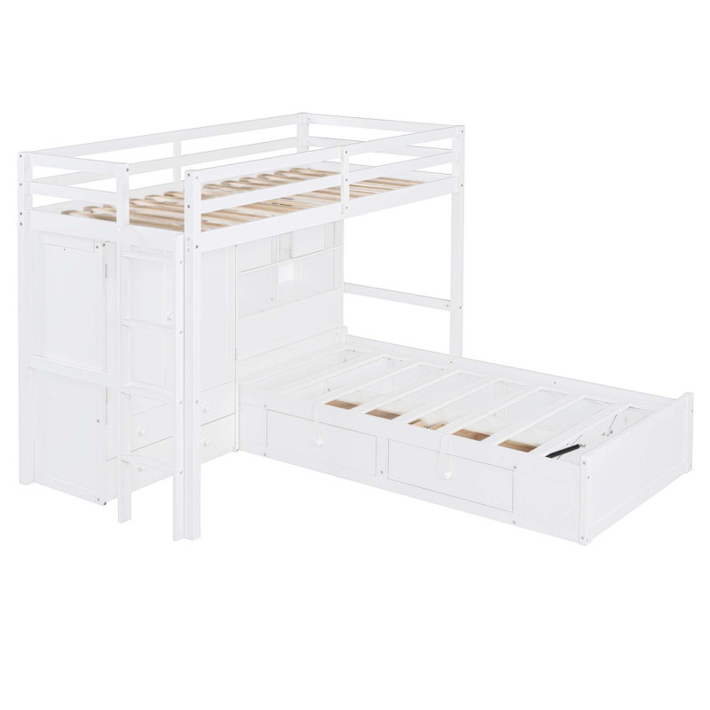 Lit superposé simple avec tiroirs, garde-robe, tablettes de rangement et lit hydraulique, Blanc