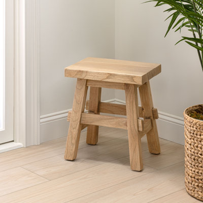 Revine 17" Handcrafted Rustic Solid Wood Backless Accent Stool, Natural Mindi Wood Decorative Small Indoor Seat for Living Room