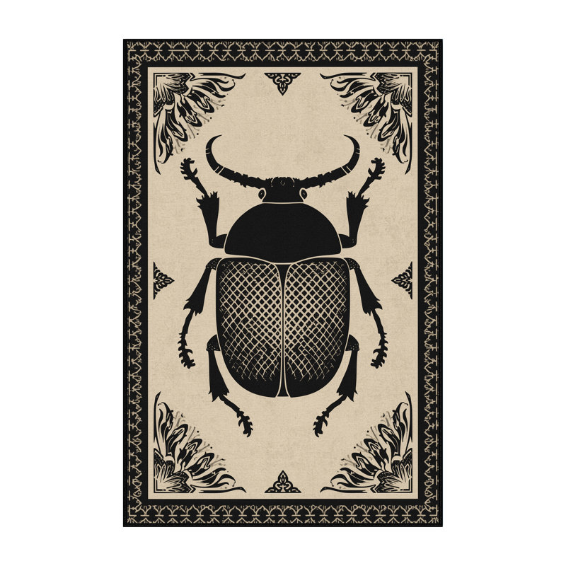 Tapis oriental doux et moelleux de style oriental à motif de Scarabée beige, 4 x 2