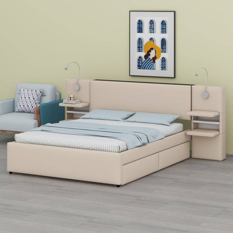 Upholstered Platform Bed With Reading Lights, Beige