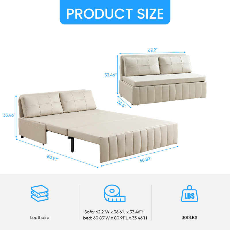 Ebern Designs Small Loveseat Pull-Out Sofa Bed,3-in-1 Convertible Sleeper Sofa with Throw Pillows, Beige