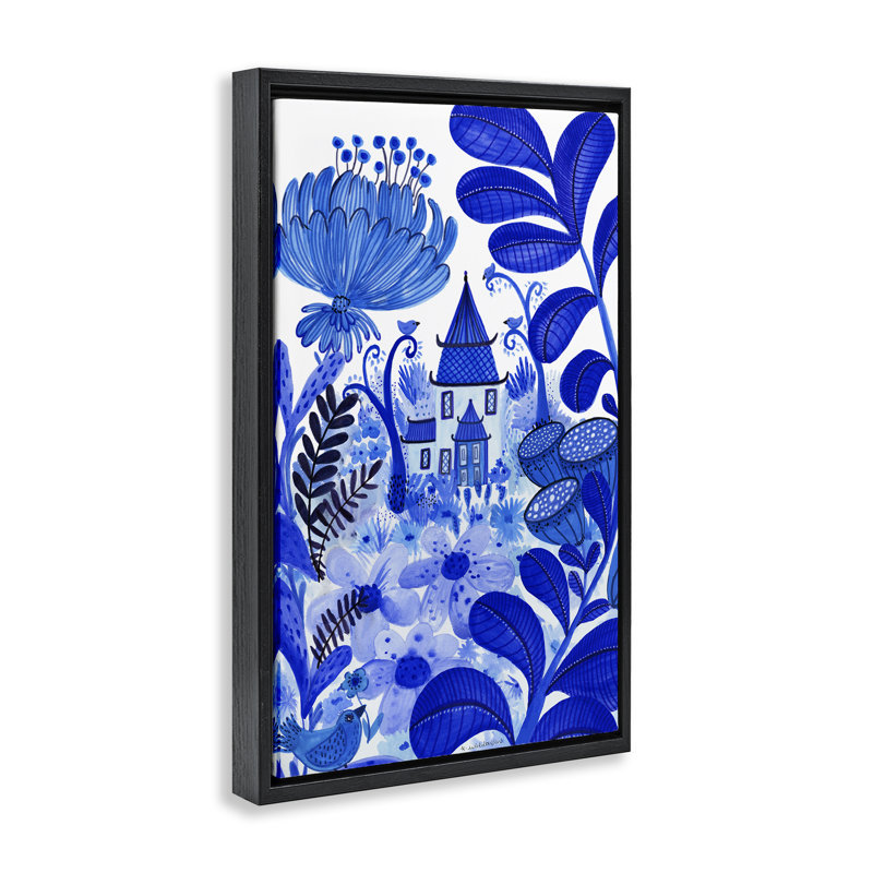 Cadre flottant fantaisiste bleu, par Kay Widdowson, H 31 po x l 21 po, Cadre flottant noir de jais