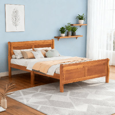 Oak Full Size Wood Platform Bed - With Headboard & Wooden Slat Support(Mattress not included)