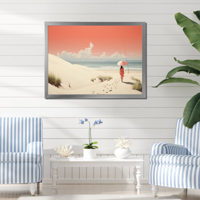 " Woman Walks Alone Under A Serene Red Beach Sky "