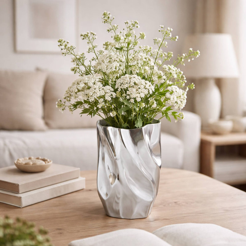 Silver Aluminum Decorative Vase, Modern Metal Flower Vase for Home Decor, Elegant Tabletop Accent for Living Room, 5.75 x 5.75 x 10.5 Inch