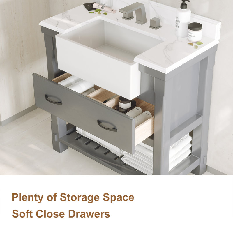 36" Single Solid Wood Bathroom Vanity Set with Countertops and Backsplash, Gray
