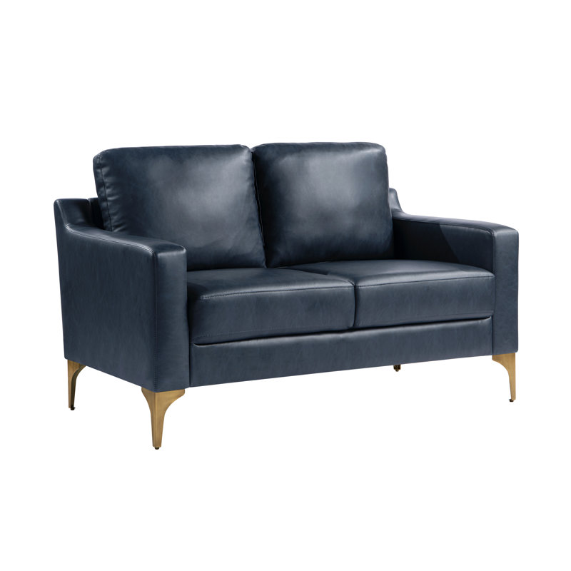 Turner 55.5" Square Arm Faux Leather Loveseat, Navy Blue/Brushed Bronze