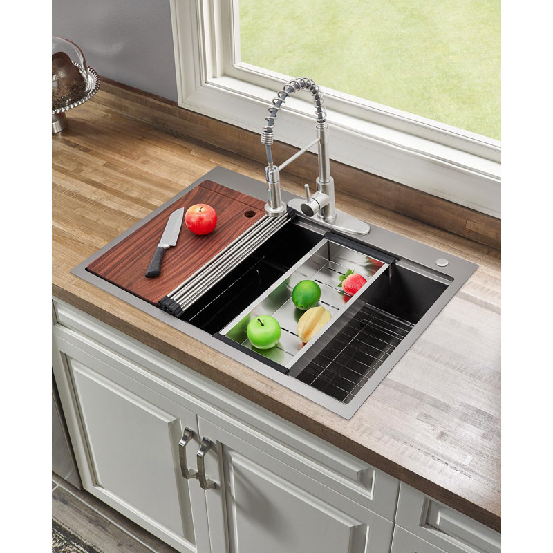 Idealhouse W Single Bowl Stainless Steel Drop-In Kitchen Sink with 1 Faucet Hole, 84 × 56 × 22cm