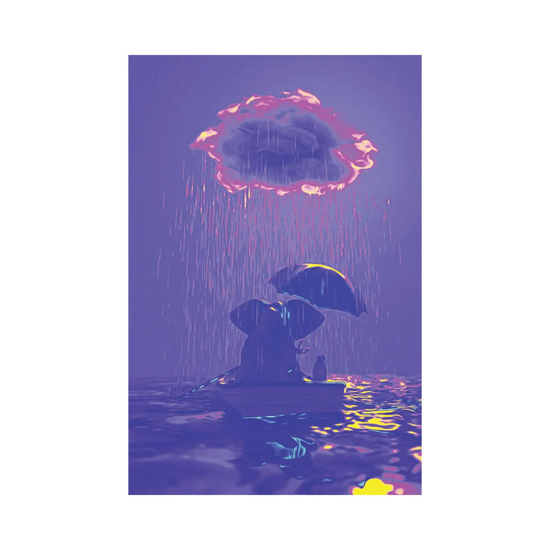 An Elephant And A Dog Float In A Boat In The Rain IV by Mike Kiev - Wrapped Canvas Print, 20.32 cm H x 30.48 cm W