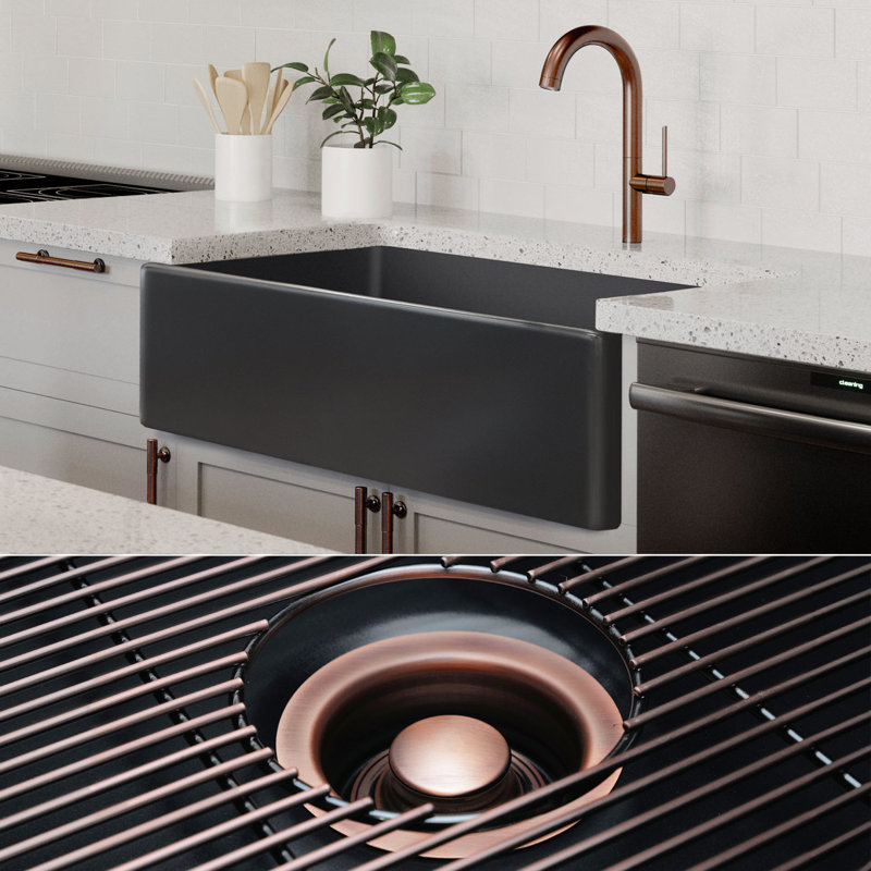 Luxury 33" L x 20" W Dual Mount Kitchen Sink with Basket Strainer, Matte Black/Antique Copper