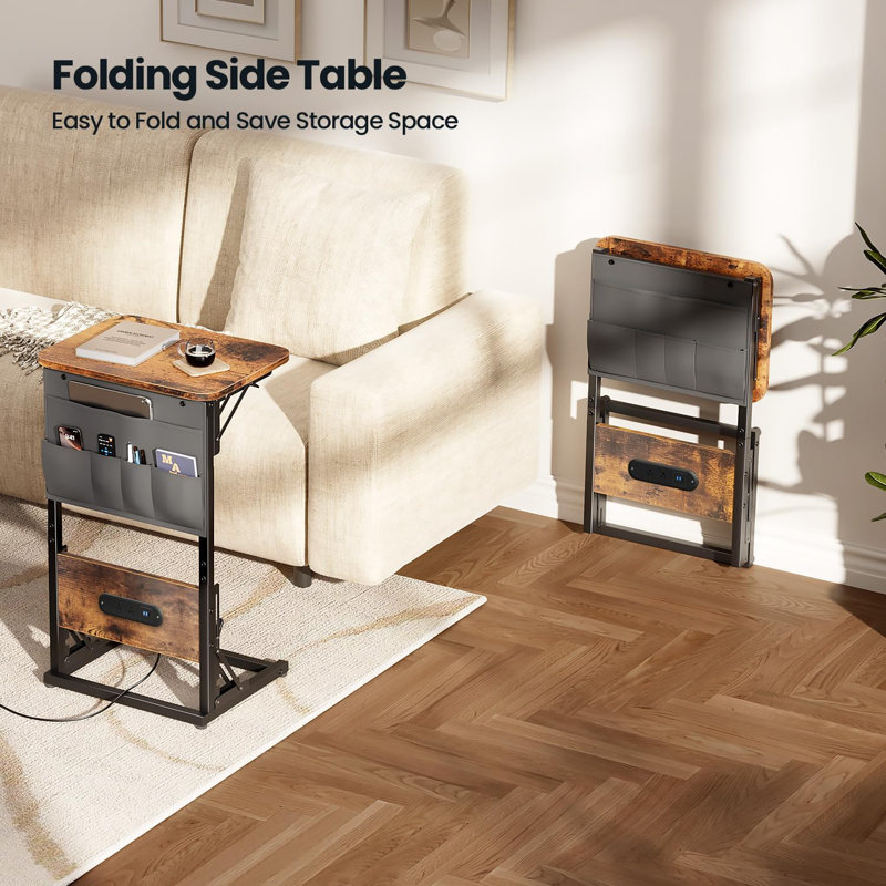 Table d'appoint pliable en forme de C avec station de charge - Table de bout pour canapé USB et ports Type-C