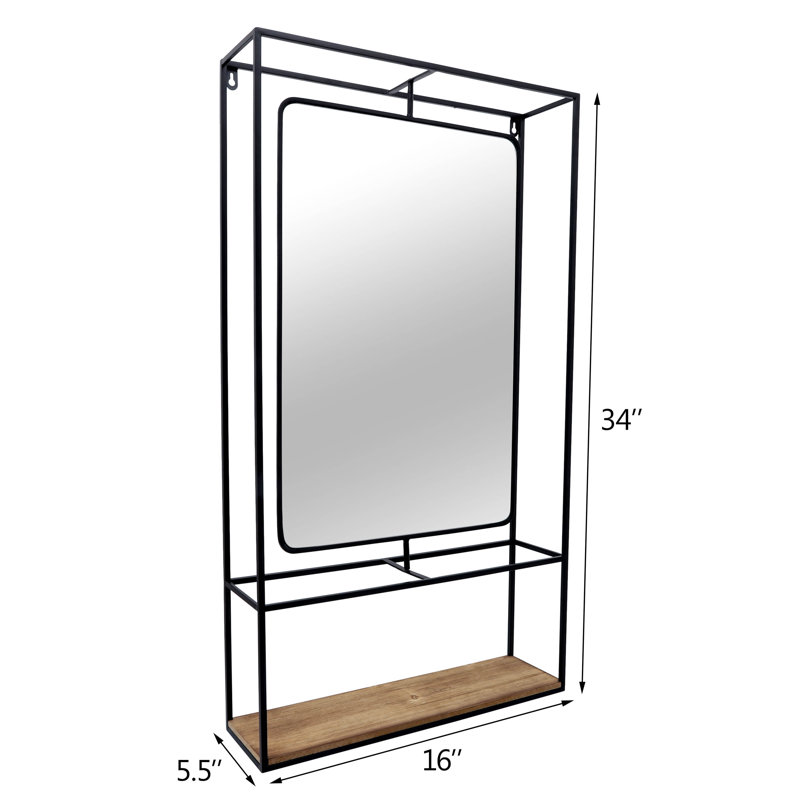 Wall Storage Unit with Metal Iron Frame, Wood Base, Glass Mirror, and Open Shelf.